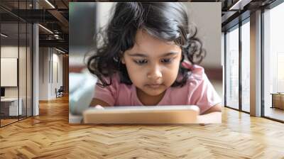 Portrait of a cute indian preschooler girl lying on bed and playing with tablet computer Wall mural