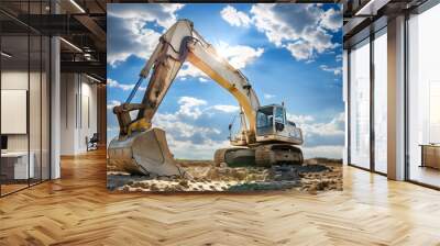 Powerful excavator stands ready on a construction site, with a vivid blue sky and sun in the background Wall mural