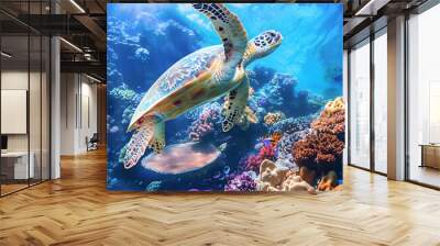 Sea turtle swimming over a colorful coral reef Wall mural