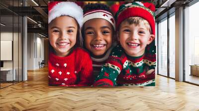 Three happy children smiling and wearing christmas clothes Wall mural