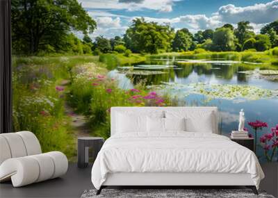 Tranquil path winding through a vibrant flower meadow bordering a lake under a blue sky Wall mural