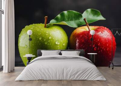 Two fresh apples with water drops on dark background Wall mural