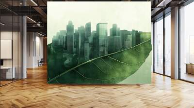 A cityscape view inside a green leaf, transparent view of tall skyscrapers in green, environment, ecology , ESG and green planet concept Wall mural