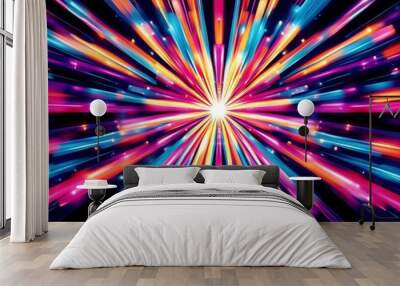 Burst of colorful rays in bright colors, combination of different colors on black background illustration Wall mural