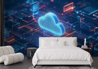 Digital illustration of a colorful cloud made with binary and data nodes, concept of technology, cloud computing and storage Wall mural