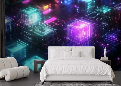 Digital metadata cubes and binary related designs, neon light fractal abstract technological background Wall mural