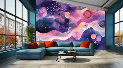 Fantasy illustrated waves of pink and purple watercolor painting on a random pattern abstract background Wall mural