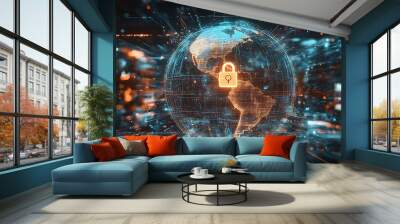 Futuristic digital illustration of a padlock symbol on planet earth, cybersecurity and network protection, high technology conceptual wallpaper Wall mural