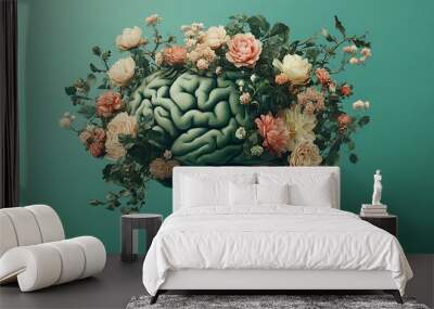 Human mind covered in flowers and plants, bokeh blossom floral graphical design illustration, green psychological illustrated design with roots and branches Wall mural