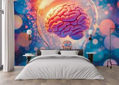 Illustration of a classic light bulb with a brain inside it's glass and bokeh lights on background, creativity and new ideas Wall mural