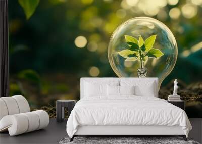 Sprout inside of a classic light bulb on the ground, background of nature and green forest, new ideas and environment concept Wall mural