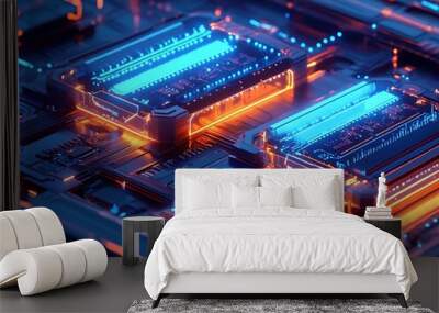 Technological background design of data processor with blue and orange design lights Wall mural