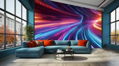 Trails of colorful neon light rays on black background, motion over ways in a digital design, abstract technology and creativity related fractal illustration Wall mural