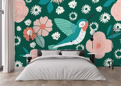 hummingbird garden vector seamless pattern with birds and flowers on a green background Wall mural