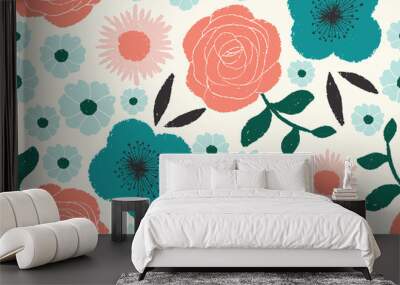 seamless floral pattern with vector hand-drawn flowers in teal, pink, coral and aqua on a cream background Wall mural