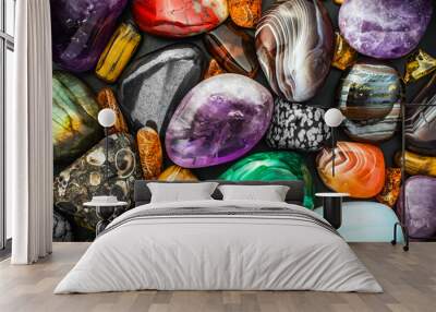 tumbled gemstone mix. macro detail texture background. close-up polished semi-precious gemstone. Wall mural