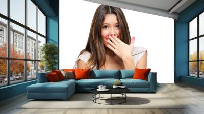 Beautiful surprised woman isolated on white Wall mural