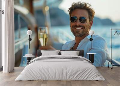 Cheerful, welldressed man with stylish sunglasses holds a glass of champagne aboard a luxury yacht, basking in the warm glow of a sunset, exemplifying success and a lavish lifestyle Wall mural