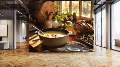 Creamy autumn soup with bread and roasted vegetables on rustic table Wall mural