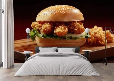 Crispy chicken burger resting on a wooden board Wall mural