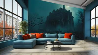 Fog is creeping over abandoned house at night - spooky halloween concept Wall mural