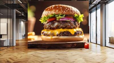 Gourmet double cheeseburger on wooden table Wall mural