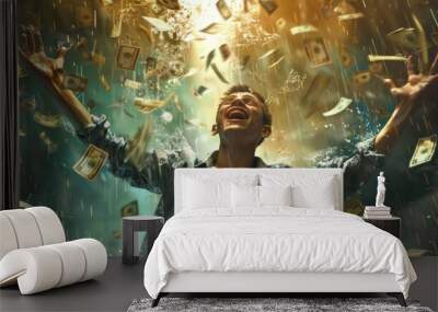 Jubilant man with falling cash rain Wall mural