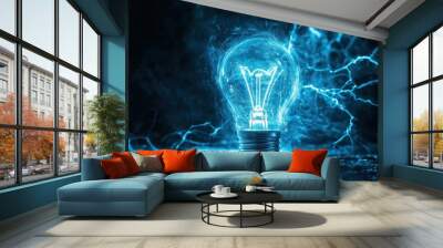 Light bulb glowing with blue energy surrounded by electricity Wall mural