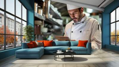 Smiling chef using tablet in kitchen Wall mural