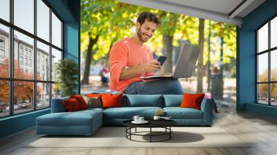 Young man using a laptop computer outdoors Wall mural