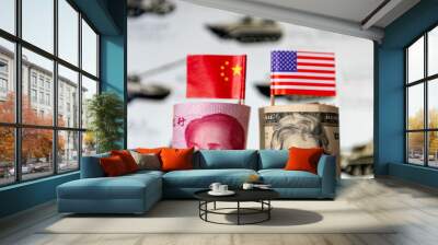 A roll of USD and Chinese Yuan with each country's national flags in front of a military background. A military spending, competition, arms race concept. Wall mural