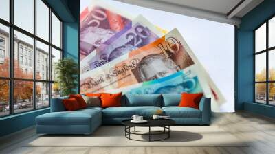 Updated Pound Sterling bank notes with the King's portrait isolated in a white background. Wall mural