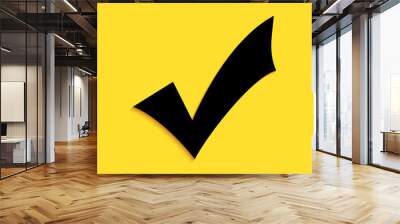 Black Check mark icon isolated on yellow background. Tick symbol. Long shadow style. Vector. Wall mural