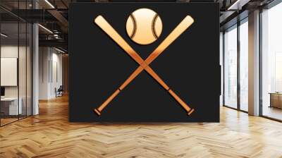 Gold Crossed baseball bats and ball icon isolated on black background. Long shadow style. Vector. Wall mural