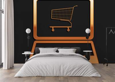 Gold Online shopping concept. Shopping cart on screen laptop icon isolated on black background. Concept e-commerce, online business marketing. Long shadow style. Vector. Wall mural