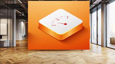 Isometric Motor gas gauge icon isolated on orange background. Empty fuel meter. Full tank indication. Orange square button. Vector. Wall mural