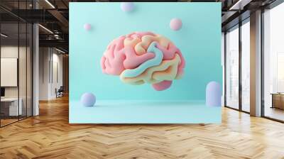 A colorful 3D render of brain surrounded by abstract shapes creates vibrant and imaginative atmosphere. This artistic representation highlights creativity and innovation Wall mural