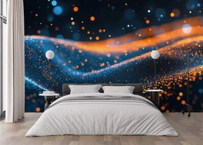 Abstract blue glowing wave with orange lights and a bokeh background. Abstract digital technology Wall mural