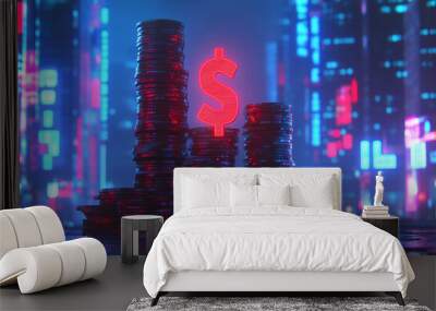 Digital coins and stock chart background create vibrant financial scene, showcasing glowing dollar sign amidst towering stacks of coins. This image evokes sense of modern investment and wealth Wall mural