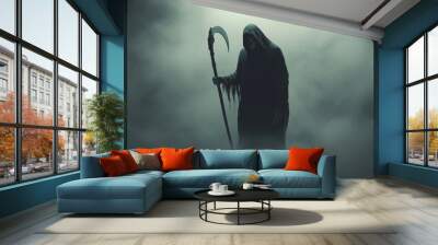 Grim Reaper with scythe standing on the foggy background Wall mural