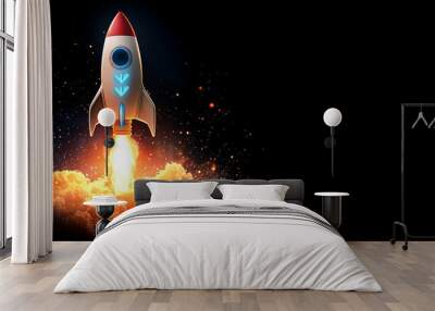 rocket launches into cosmos, emitting glowing blue arrow and fiery exhaust, symbolizing ambition and innovation. scene is filled with dynamic energy and excitement Wall mural