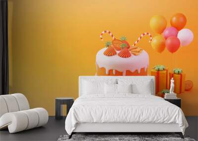 Orange cake birthday, anniversary and event party with gift box and cute balloons colorful 3d illustration Wall mural