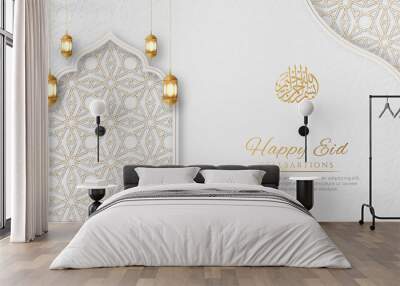 Arabic Islamic Elegant White and Golden Luxury Ornamental Background with Decorative Lanterns Wall mural