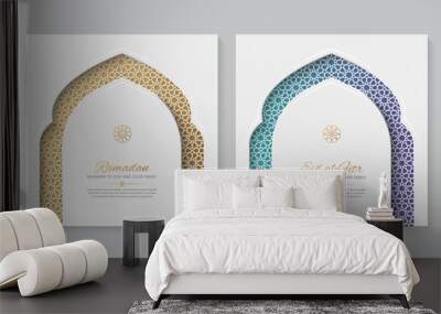 Ramadan and Eid white ornamental greeting cards with Islamic pattern and decorative arch frame Wall mural