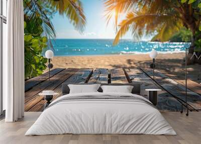 An empty wooden table and palm leaves with a blurred beach background in summer time can be used for product placement. Wall mural