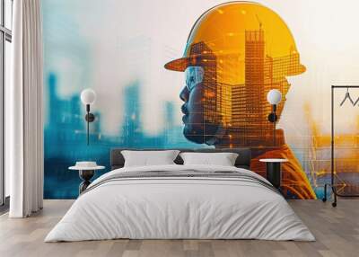 an engineer wearing a helmet and building in the background, with double exposure graphic design Wall mural