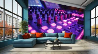 Close-up of music controller DJ mixer with neon light Wall mural