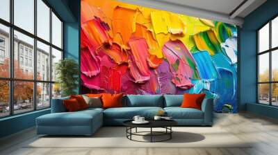 Closeup of a rough abstract background of bold rainbow colors explosion painting texture, with oil brush strokes Wall mural