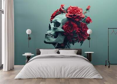 Fantasy human head skull with red flower decoration. Mystical, scary is synonymous with the supernatural world. Wall mural