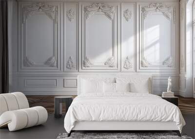 Modern classic white empty interior with white wall panels and wooden floor Wall mural